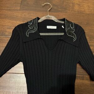 Black Ribbed Sweater with Studded Collar